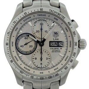 Tag Heuer 42mm Men's Link Silver Dial Automatic Chronograph Cal 16 Watch CJF211B